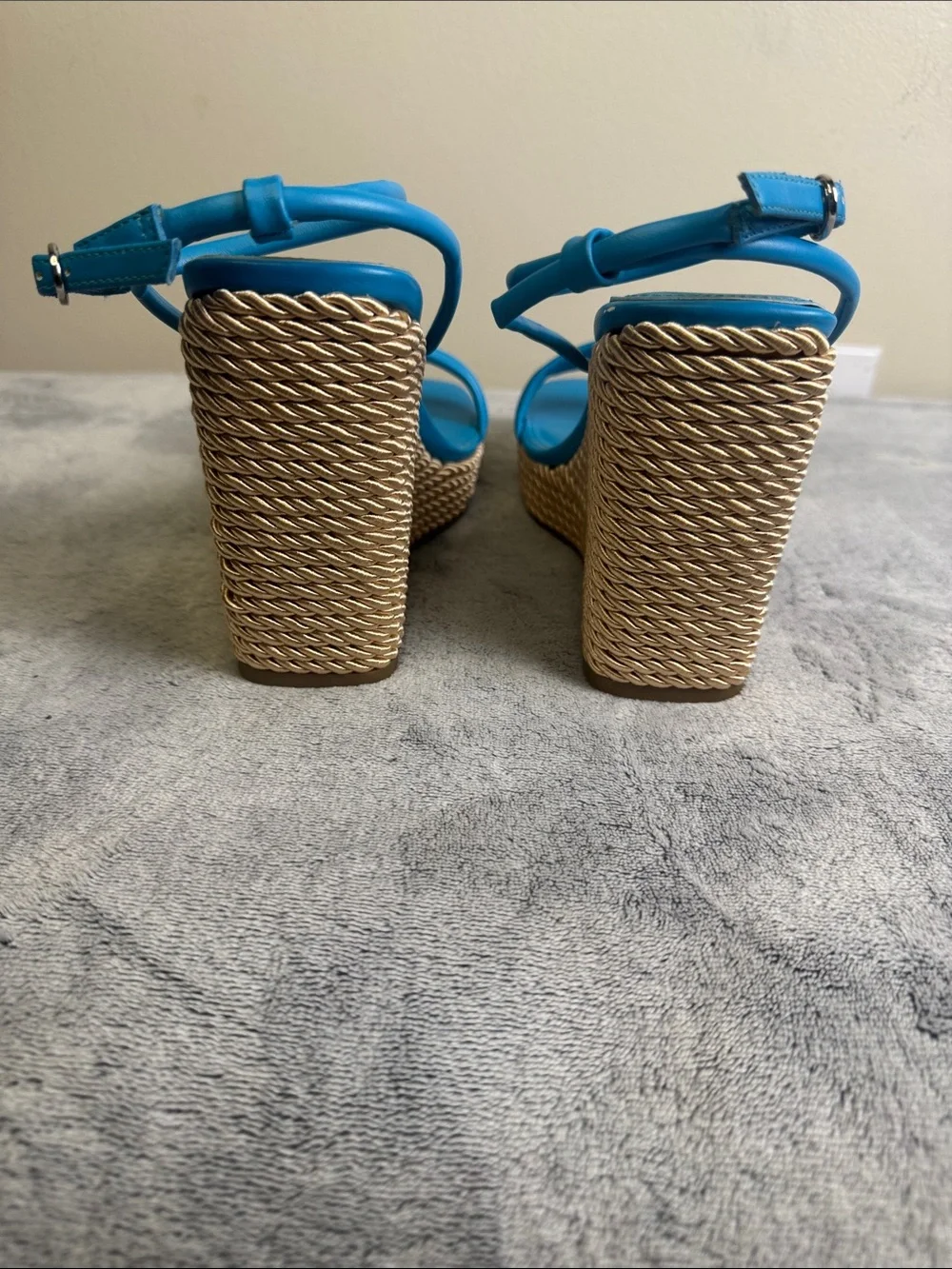 Marc Fisher Blue Leather Ankle Strap Espadrille Wedge Heel Sandal - Size 7 NWOB